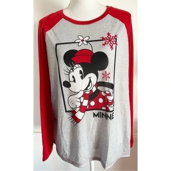Disney • Grey Red Minnie Mouse Holiday Christmas Tee Shirt - Picture 1 of 4